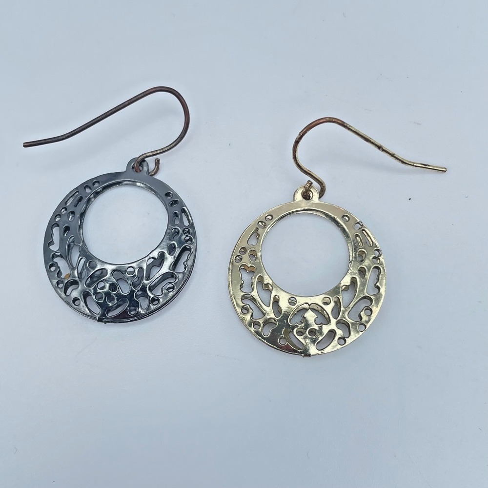 Vintage 90s Openwork Filigree Heart Silver/Gold Tone Dangle Earrings Jewelry 90s